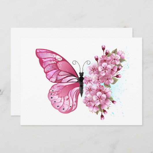 Flower Butterfly with Pink Sakura Dankeskarte (Vorne/Hinten)