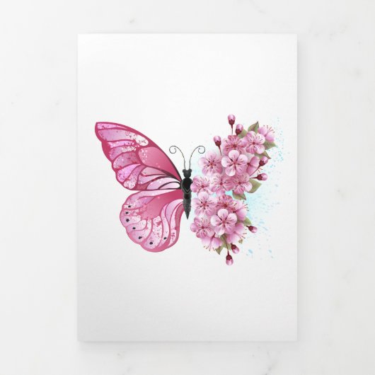 Flower Butterfly with Pink Sakura Dreifach Gefaltete Einladung (Cover)