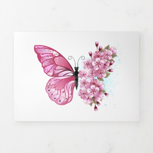 Flower Butterfly with Pink Sakura Dreifach Gefaltete Einladung (Cover)