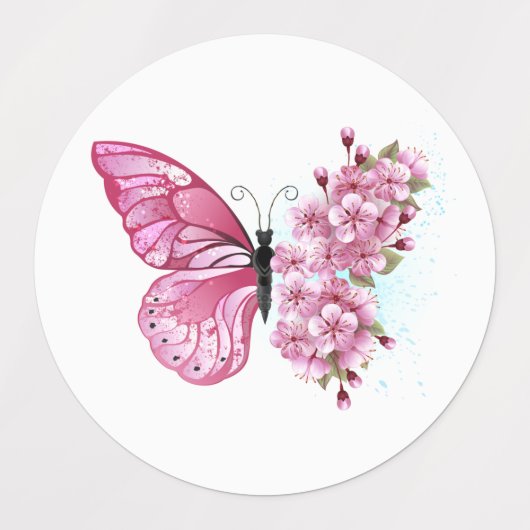 Flower Butterfly with Pink Sakura Etiketten (Design 1)