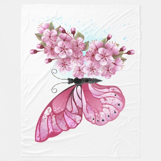 Flower Butterfly with Pink Sakura Fleecedecke (Vorderseite)