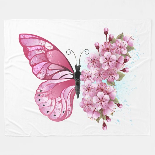 Flower Butterfly with Pink Sakura Fleecedecke (Vorderseite (Horizontal))