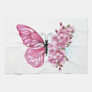 Flower Butterfly with Pink Sakura Geschirrtuch