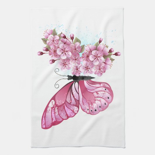 Flower Butterfly with Pink Sakura Geschirrtuch (Vertikal)