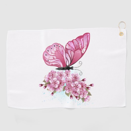 Flower Butterfly with Pink Sakura Golfhandtuch (Horizontal)