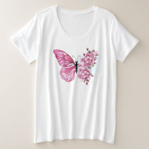 Flower Butterfly with Pink Sakura Große Größe T-Shirt