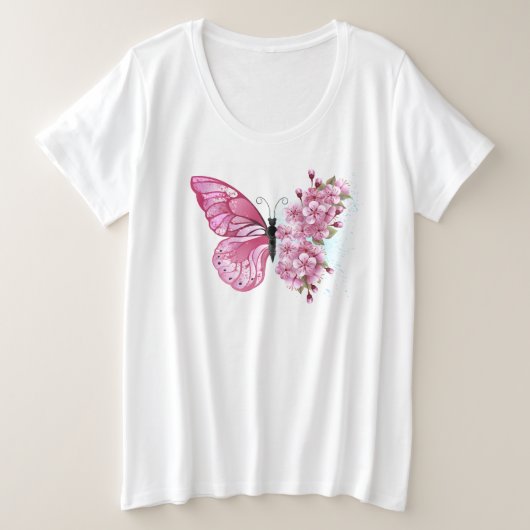 Flower Butterfly with Pink Sakura Große Größe T-Shirt (Design vorne)
