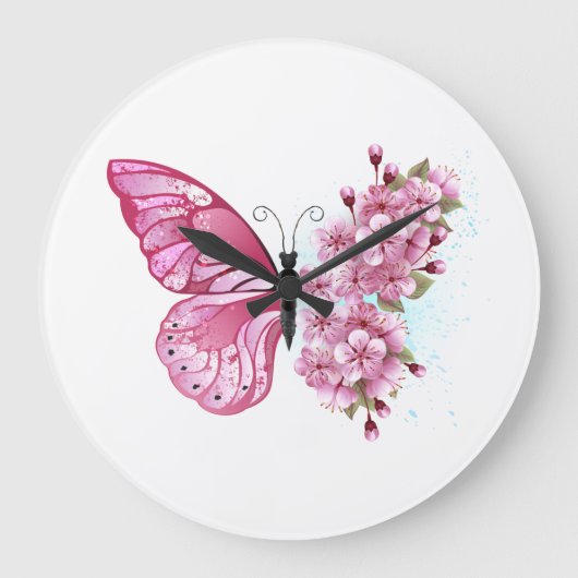 Flower Butterfly with Pink Sakura Große Wanduhr (Vorderseite)