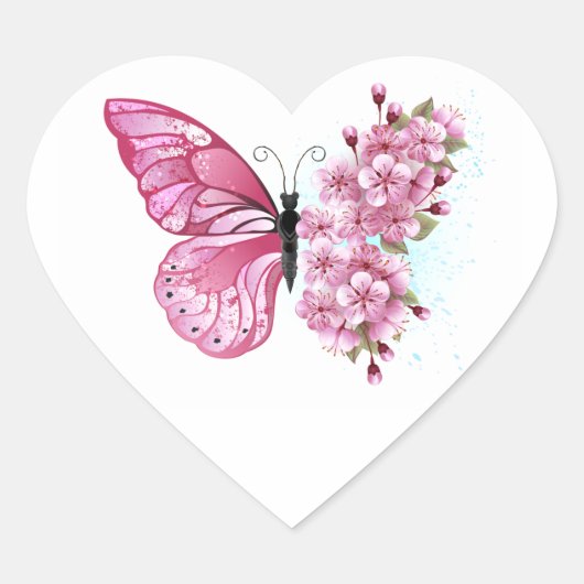 Flower Butterfly with Pink Sakura Herz-Aufkleber (Vorderseite)