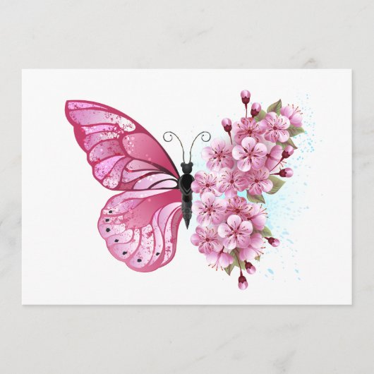 Flower Butterfly with Pink Sakura Hinweiskarte (Vorderseite)