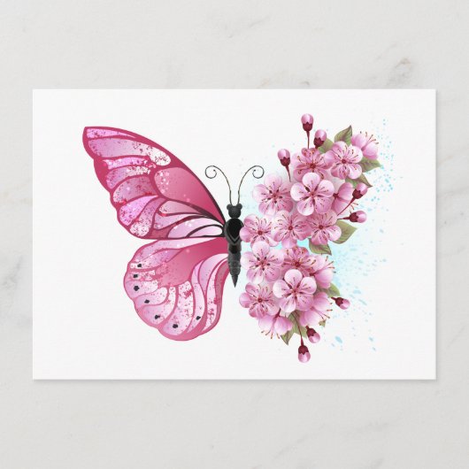 Flower Butterfly with Pink Sakura Hinweiskarte (Vorderseite)