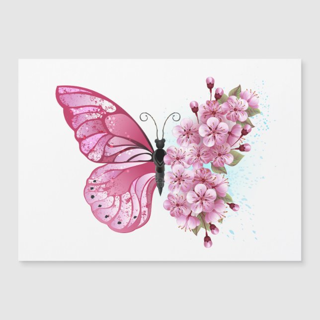 Flower Butterfly with Pink Sakura Magnetkarte (Vorderseite)