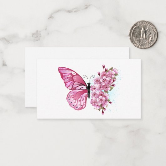 Flower Butterfly with Pink Sakura Mitteilungskarte (Vorderseite/Rückseite Beispiel)