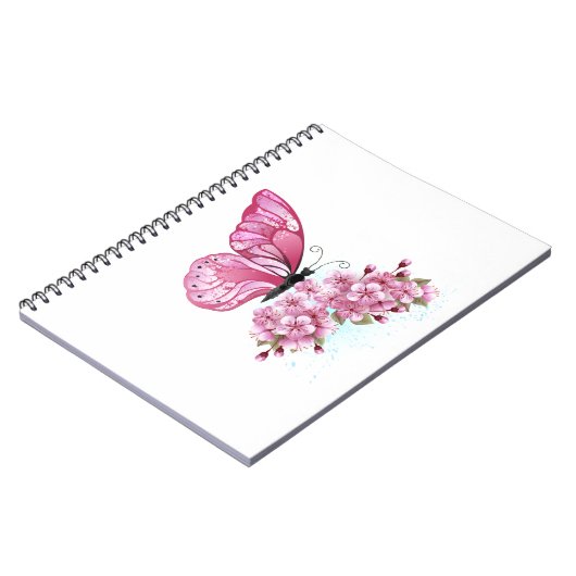 Flower Butterfly with Pink Sakura Notizblock (Linke Seite)