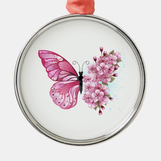 Flower Butterfly with Pink Sakura Ornament Aus Metall (Vorne)