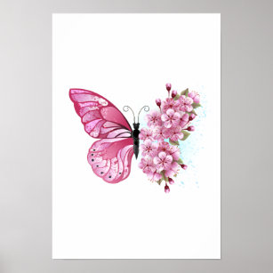 Flower Butterfly with Pink Sakura Poster