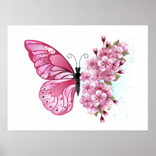 Flower Butterfly with Pink Sakura Poster