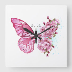 Flower Butterfly with Pink Sakura Quadratische Wanduhr