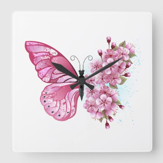 Flower Butterfly with Pink Sakura Quadratische Wanduhr (Vorderseite)