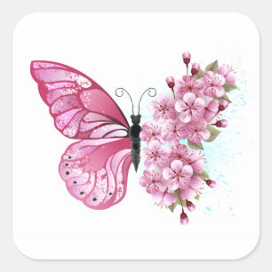Flower Butterfly with Pink Sakura Quadratischer Aufkleber