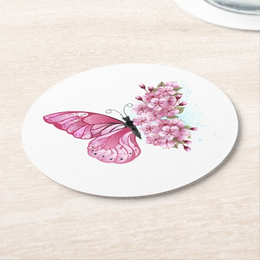 Flower Butterfly with Pink Sakura Runder Pappuntersetzer (Angewinkelt)