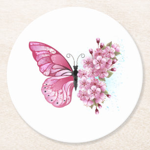 Flower Butterfly with Pink Sakura Runder Pappuntersetzer