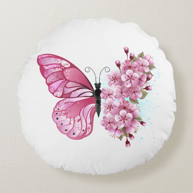 Flower Butterfly with Pink Sakura Rundes Kissen (Vorderseite)