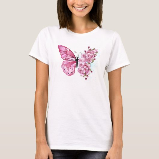 Flower Butterfly with Pink Sakura T-Shirt (Vorderseite)