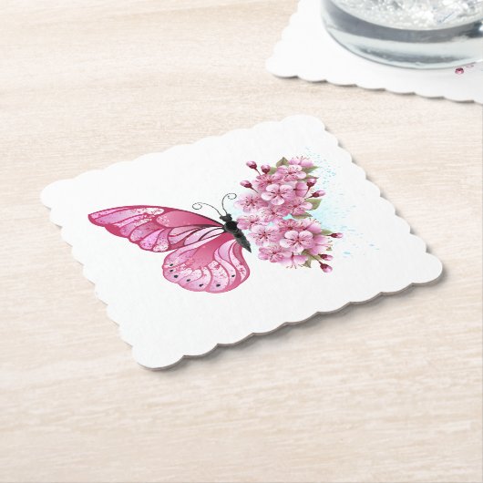 Flower Butterfly with Pink Sakura Untersetzer (angewinkelt)