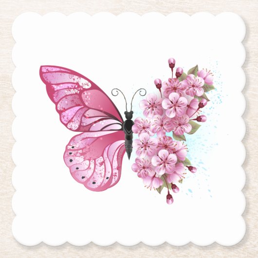 Flower Butterfly with Pink Sakura Untersetzer (Vorderseite)