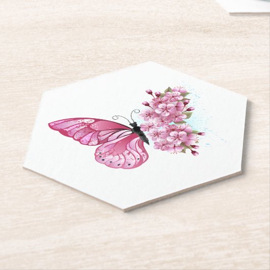 Flower Butterfly with Pink Sakura Untersetzer (angewinkelt)