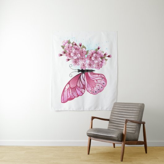 Flower Butterfly with Pink Sakura Wandteppich (Beispiel)