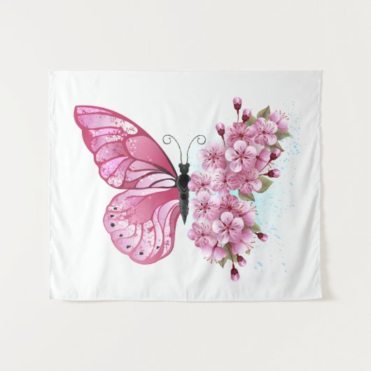 Flower Butterfly with Pink Sakura Wandteppich (Vorderseite (Horizontal))