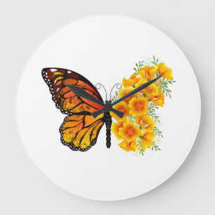 Flower Butterfly with Yellow California Poppy Große Wanduhr