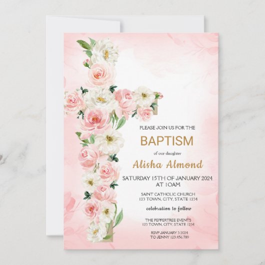 Flower Cross Baptism Invitation, Floral Christian Einladung (Vorderseite)