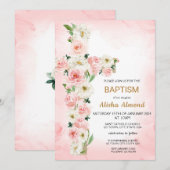 Flower Cross Baptism Invitation, Floral Christian Einladung (Vorne/Hinten)
