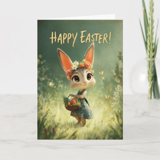 Flower-Crown Bunny with Easter Basket Meadow Card Karte (Vorderseite)