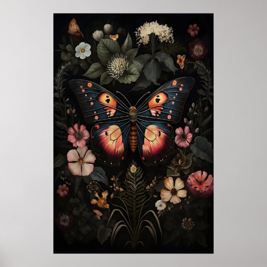 Flower Dark Butterfly, Moody Moth Wall Print Poster (Vorne)