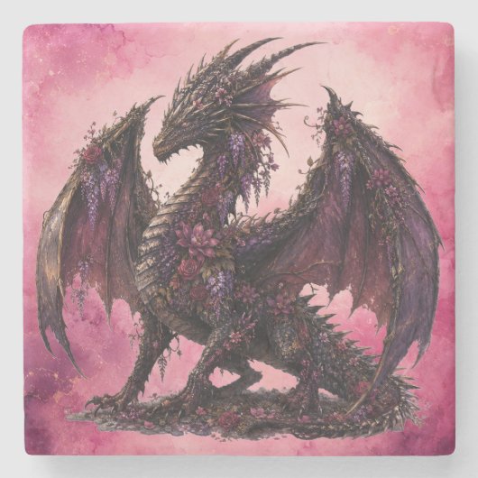 Flower-Drache | Botanischer Fantasy-Drache Steinuntersetzer (Vorderseite)