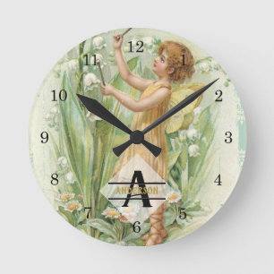 Flower Fairy Snowbells Vintage Art Monogram Named Runde Wanduhr