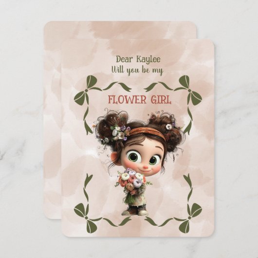 Flower Girl Invitation Floral Brown Watercolor Mitteilungskarte (Vorne/Hinten)