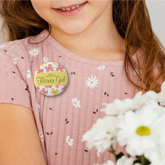 FLOWER GIRL Niedlich Pink Daisies Pop Wedname Tag Button