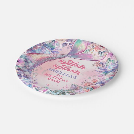 Flower Glitter Mermaid Tail 3rd Birthday Pappteller (Schrägansicht)