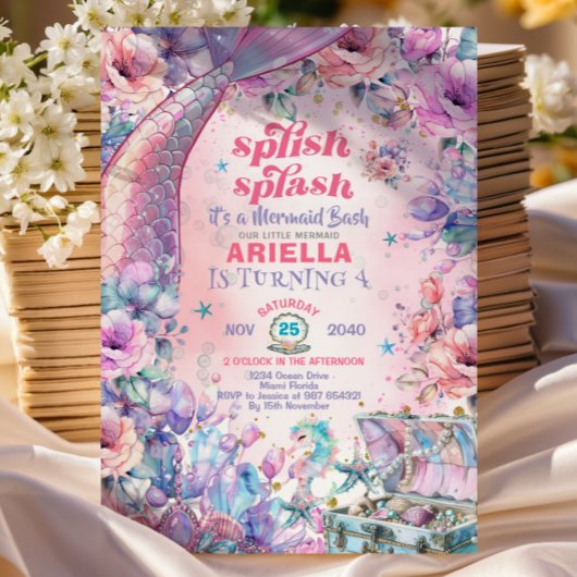 Flower Glitter Mermaid Tail 4th Birthday  Einladung