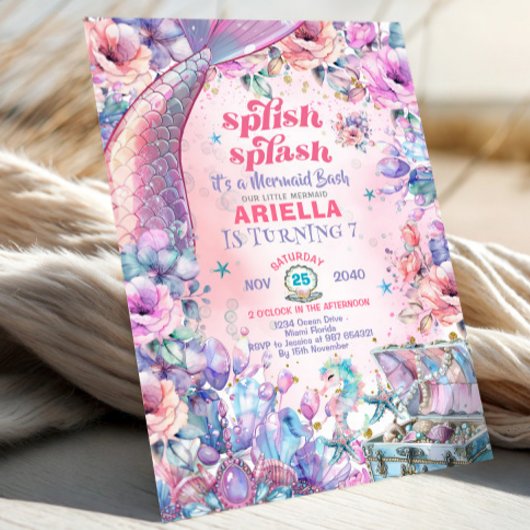 Flower Glitter Mermaid Tail 7th Birthday  Einladung