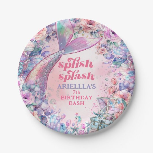 Flower Glitter Mermaid Tail 7th Birthday Pappteller (Vorderseite)