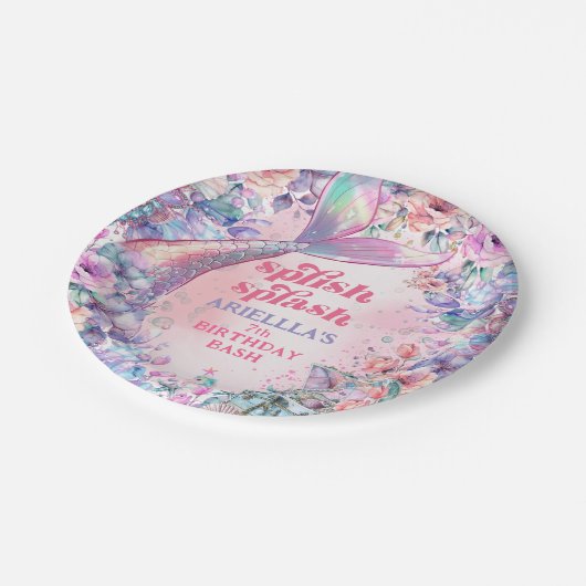 Flower Glitter Mermaid Tail 7th Birthday Pappteller (Schrägansicht)