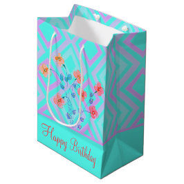 Flower Happy Birthday Aquamarine Geschenktasche Mittlere Geschenktüte