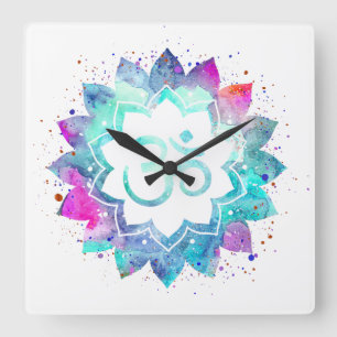 *~* Flower Lotus OM AUM Symbol Watercolor  Mandala Quadratische Wanduhr