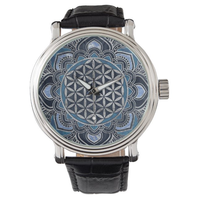 Flower of Life in Lotus - Blue Crystal and Silver Armbanduhr (Vorderseite)